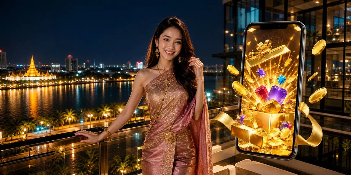 ผู้เล่นชาวไทยตรวจสอบยอดเงินในแอป th28 บนโทรศัพท์มือถือพร้อมผ้าไหมพื้นเมือง